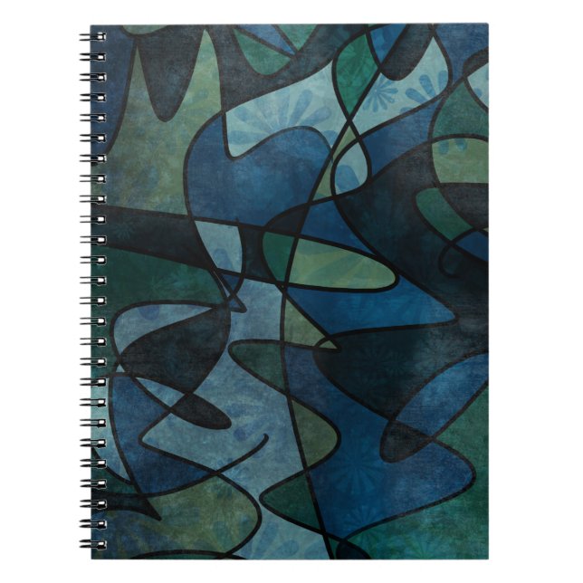 Blue Green Teal Digital Stained Glass Abstract Notebook (Front)