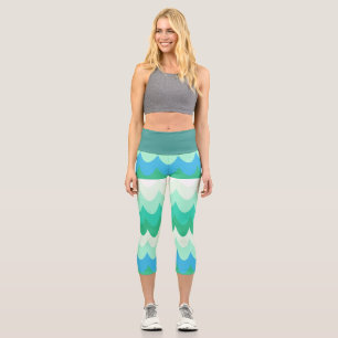 Blue, Green & Teal Geometric Sea Waves Capri Leggings