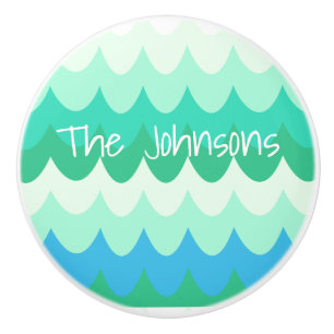 Blue, Green & Teal Geometric Sea Waves Ceramic Knob