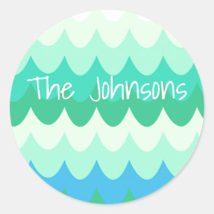 Blue, Green & Teal Geometric Sea Waves Classic Round Sticker
