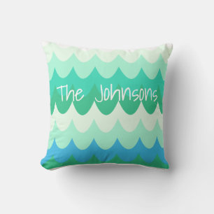 Blue, Green & Teal Geometric Sea Waves Cushion