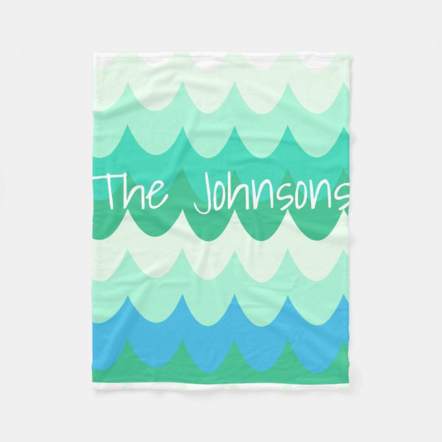 Blue, Green & Teal Geometric Sea Waves  Fleece Blanket (Front)