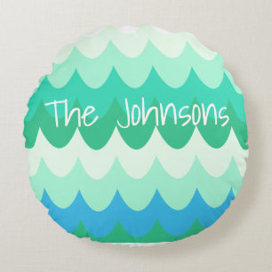 Blue, Green & Teal Geometric Sea Waves Round Cushion