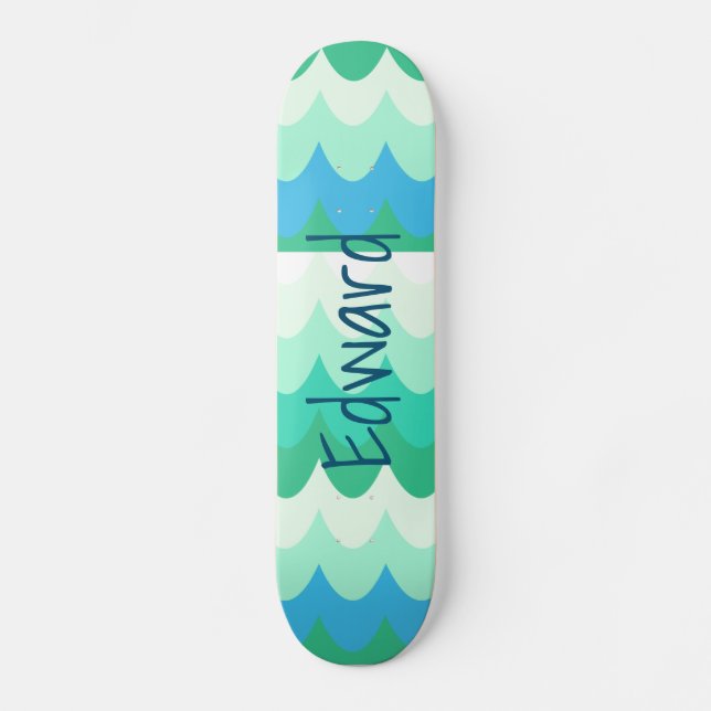 Blue, Green & Teal Geometric Sea Waves   Skateboard (Front)