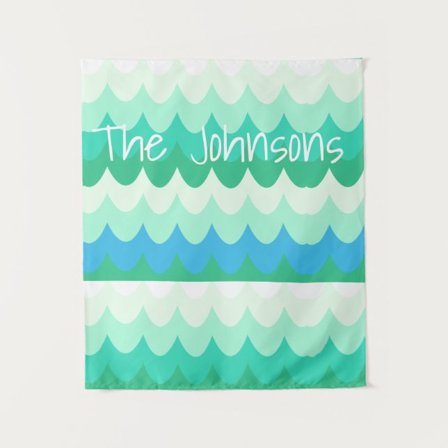 Blue, Green & Teal Geometric Sea Waves  Tapestry (Front)