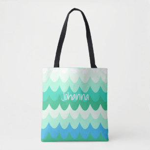 Blue, Green & Teal Geometric Sea Waves  Tote Bag