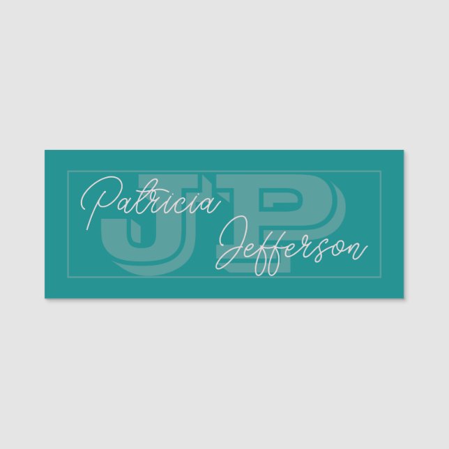 Blue Green Teal Monogram: Handwritten Calligraphy Name Tag (Front)