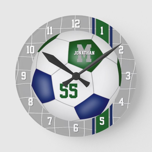 blue green team colours varsity stripes soccer round clock (Front)