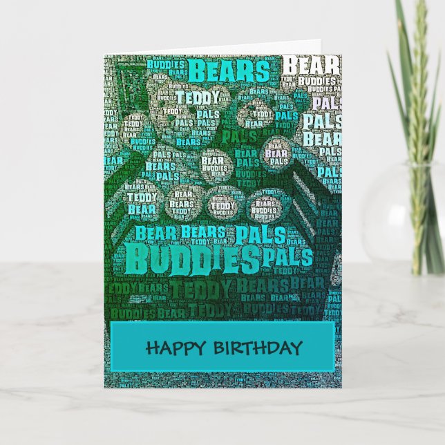 Blue & Green Teddy Bears Embedded Word Cloud Card (Front)