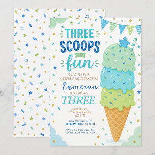 Blue Green Three Scoops of Fun Birthday Invitation