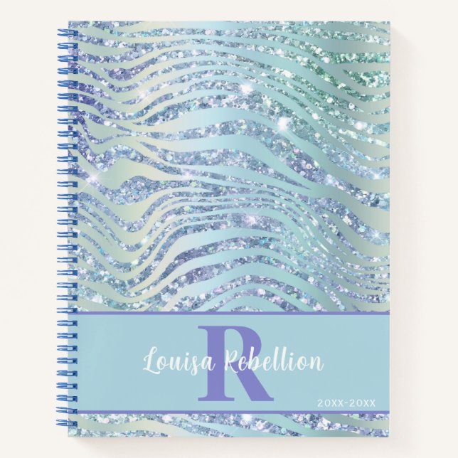 Blue Green Tiger Zebra Glitter Notebook (Front)