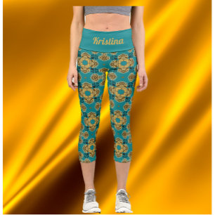 Blue Green Tile High Waisted Capris