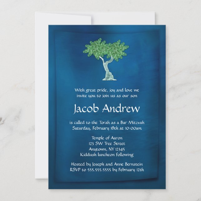 Blue Green Tree of Life Bar Mitzvah Invitations (Front)