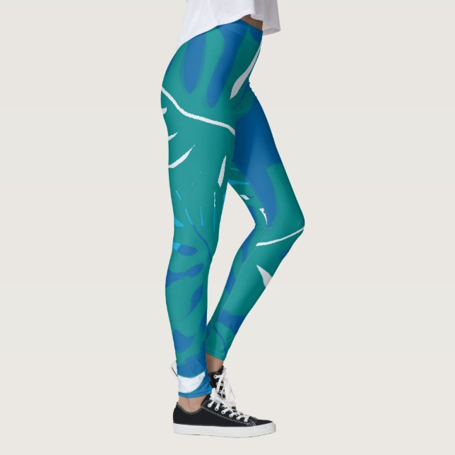 Blue Green Tropical Leaf Design  Leggings (Right)