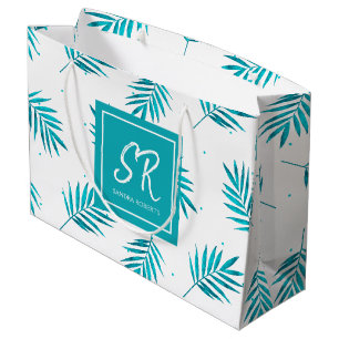 Blue-green tropical leaves pattern large gift bag