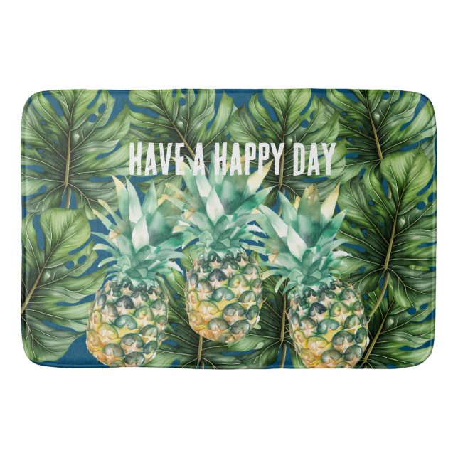 Blue Green Tropical Leaves Pineapples Bath Mat (Front)