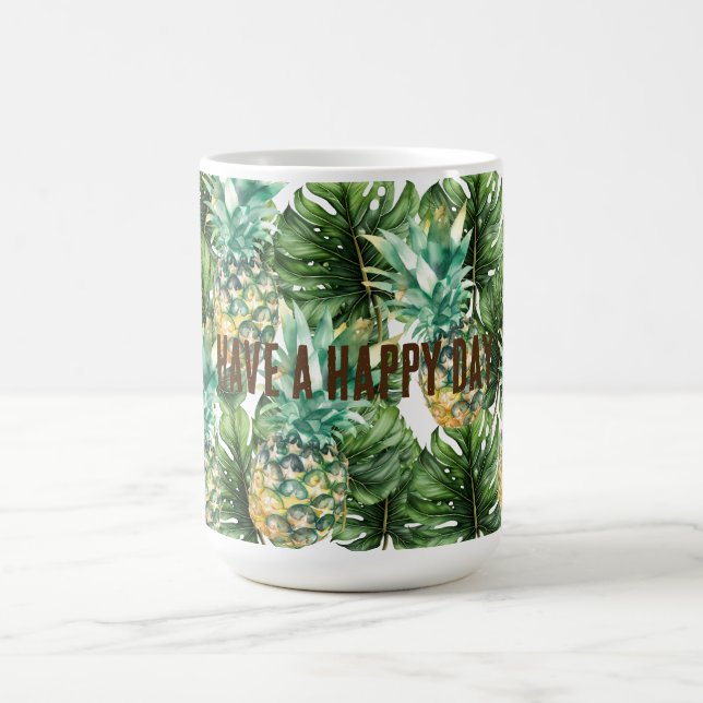 Blue Green Tropical Leaves Pineapples Coffee Mug (Center)