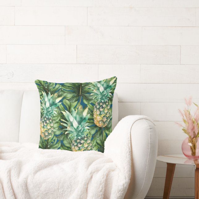 Blue Green Tropical Leaves Pineapples Cushion (Couch)