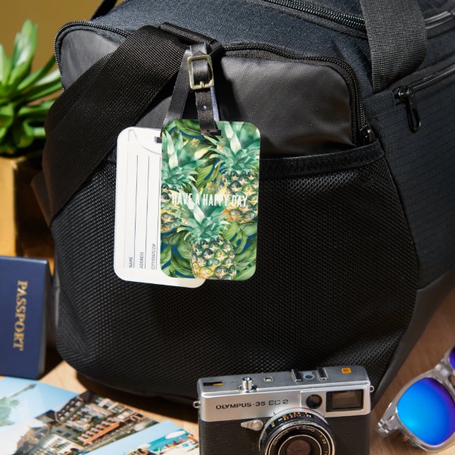 Blue Green Tropical Leaves Pineapples Luggage Tag (Front & Back)