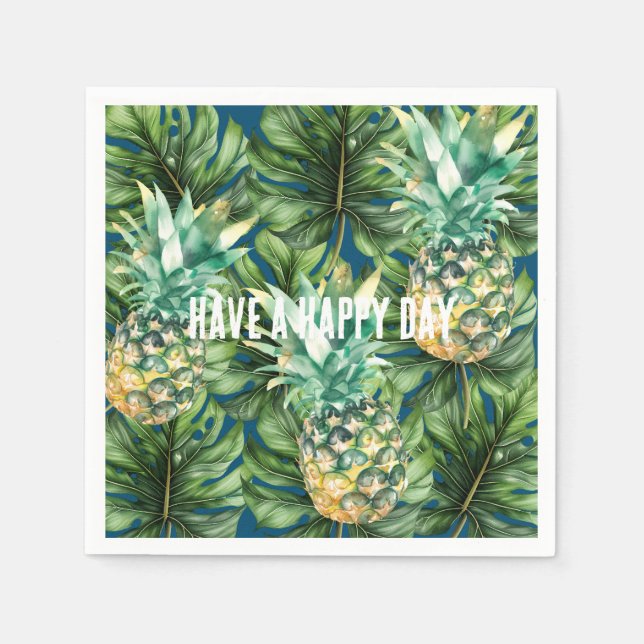 Blue Green Tropical Leaves Pineapples Napkin (Front)