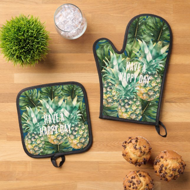 Blue Green Tropical Leaves Pineapples Oven Mitt & Pot Holder Set (Top Down)