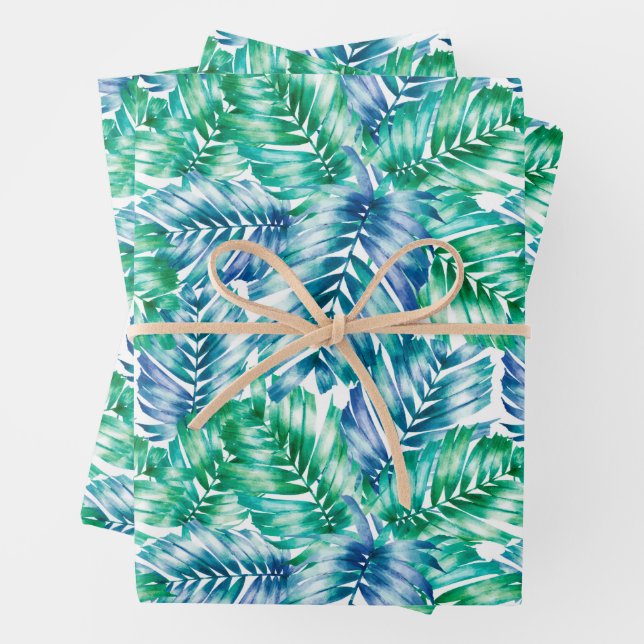 Blue Green Tropical Leaves Wrapping Paper Sheets (In situ)