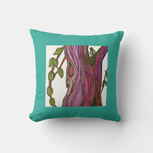 Blue-Green Tropical Painting of Tree and Bird Cushion