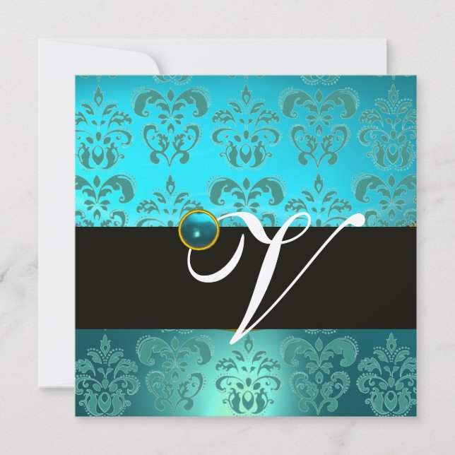 BLUE GREEN TURQUOISE BLACK GOLD DAMASK MONOGRAM , INVITATION (Front)