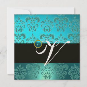 BLUE GREEN TURQUOISE BLACK GOLD DAMASK MONOGRAM , INVITATION