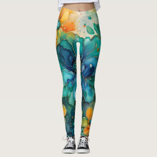 Blue green turquoise gold orange abstract flowers leggings