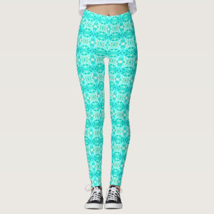 Blue Green Turquoise White Geometric Tile Pattern Leggings