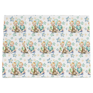 Blue Green Twin Baby Boys Baby Shower or New Baby Large Gift Bag