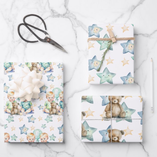 Blue Green Twin Baby Boys Baby Shower or New Baby Wrapping Paper Sheet (Front)