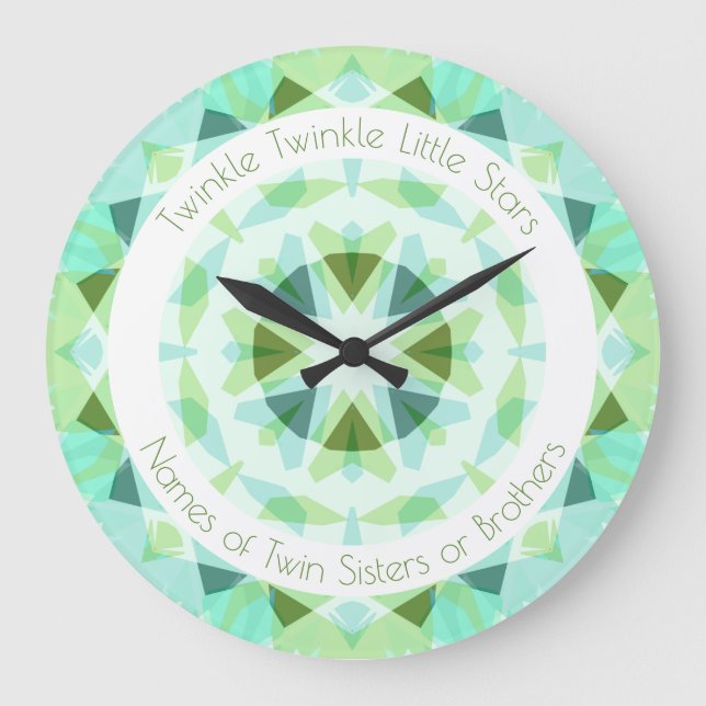 Blue Green Twinkle Little Star Baby Twins Nursery Large Clock (Front)