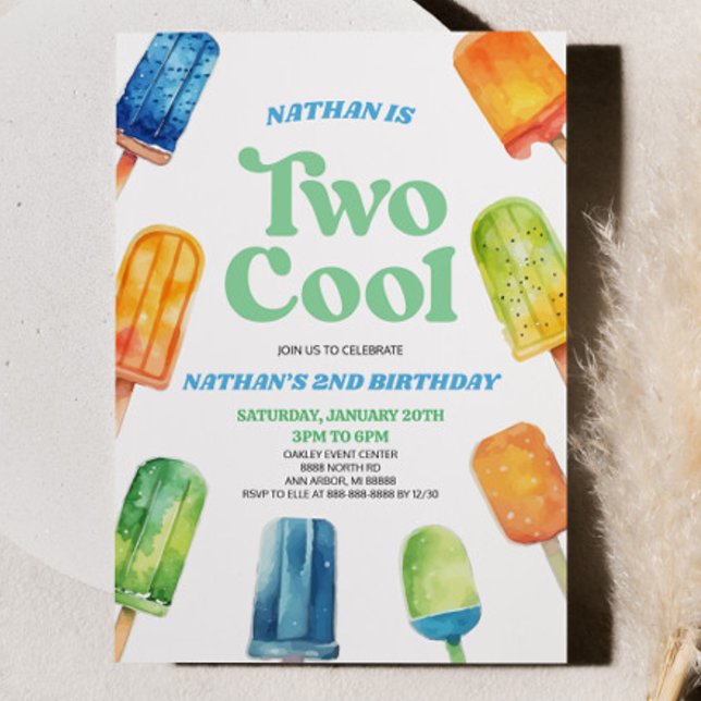 Blue Green Two Cool Popsicle 2nd Birthday Party Invitation (Creator Uploaded)