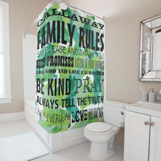 Blue Green Typography Watercolor Pattern Shower Curtain (In Situ)