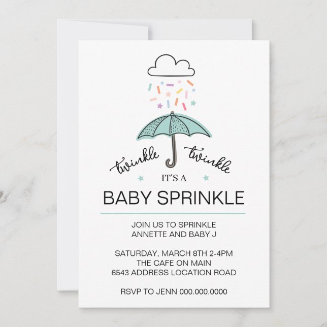Blue Green umbrella twinkle baby sprinkle download Invitation (Front)