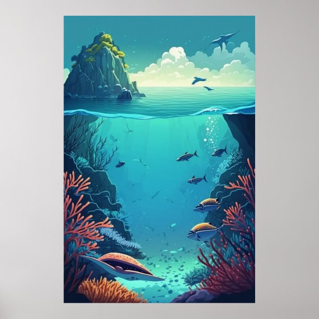 Blue Green Underwater Ocean Aquatic Sea Life Poster (Front)