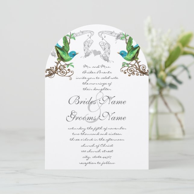 Blue & Green Vintage Birds Wedding Invite (Standing Front)