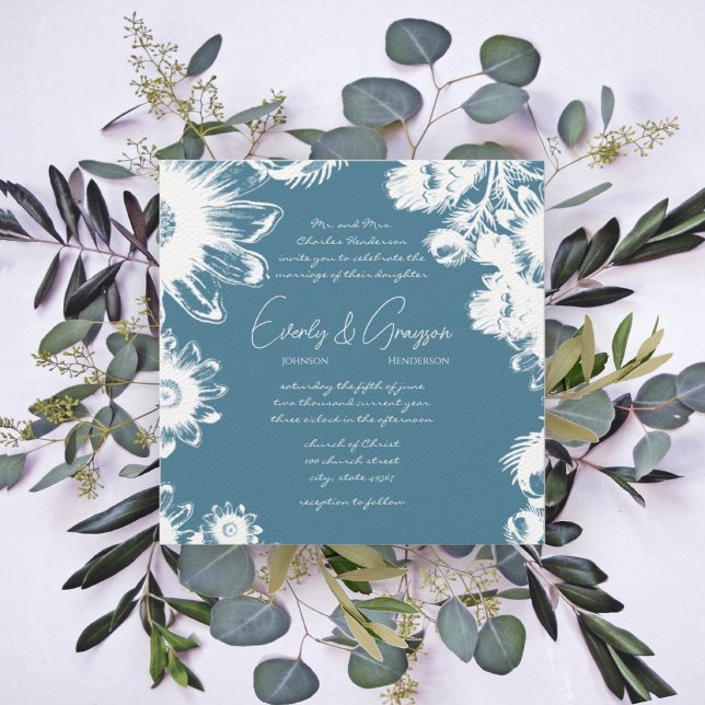 Blue Green  Vintage Flower Weddings Invitation (Creator Uploaded)