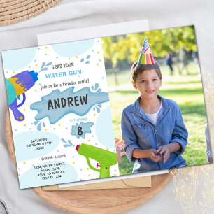 Blue Green Water Gun Birthday Invitations w photo