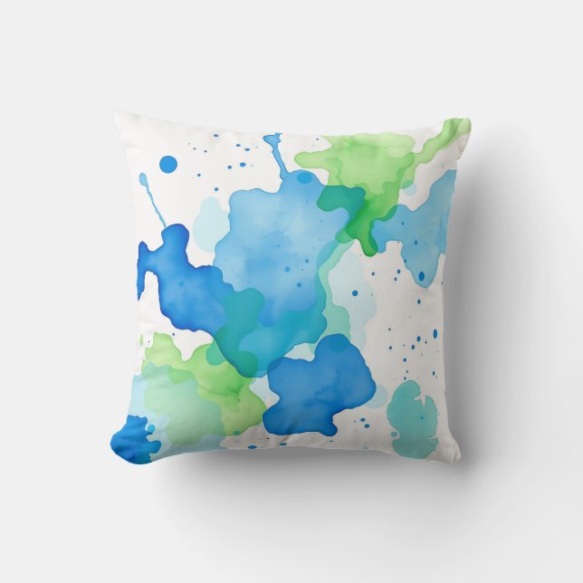 Blue Green Watercolor Abstract Pattern Cushion (Front)
