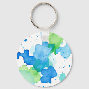 Blue Green Watercolor Abstract Pattern Key Ring