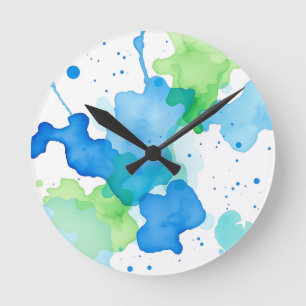 Blue Green Watercolor Abstract Pattern Round Clock