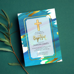 Blue Green Watercolor Boy Baptism Invitation