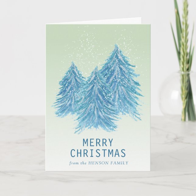 Blue Green Watercolor Christmas Tree Artistic  Holiday Card (Front)