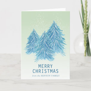 Blue Green Watercolor Christmas Tree Artistic Holiday Card