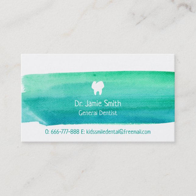 Blue Green Watercolor Dentist Business Cards (Front)