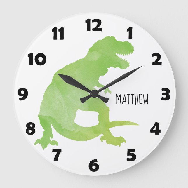 Blue Green Watercolor Dinosaur Personalised Kids Large Clock (Front)