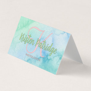 blue green watercolor editor writer name monogram business card